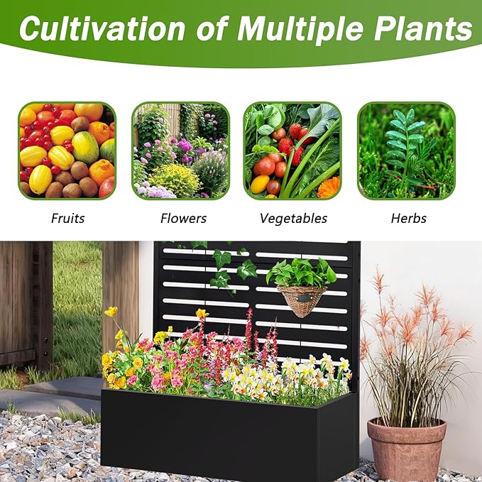 Metal Raised Garden Bed with TrellisPlanter Box for Climbing Plants Vegetables &amp Vines Features Drainage Holes and Privacy Screen.raised garden beds outdoor planters for porch (Black 71x35x1