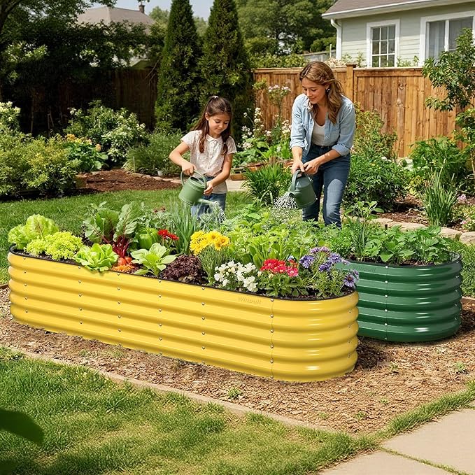 8x2x1.5 ft Galvanized Steel Raised Garden Bed Raised Garden Bed Kit Galvanized Planter Box Outdoor 18 Tall Oval Large Metal Raised Bed for Gardening Vegetables Flower Herb (Cream Yellow)