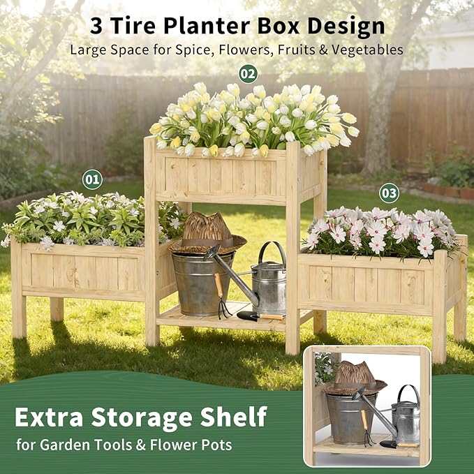 Wooden Raised Garden Bed with Legs &amp Storage Shelf 3 Tier Outdoor Elevated Planter Box for Patios/Herbs/Flowers/Vegetables Easy Assembly Natural