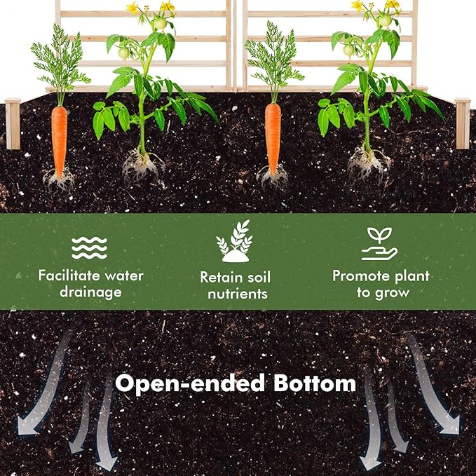 COSTWAY Raised Garden Bed with 2 Planter Boxes &amp 3 Trellises Outdoor Wooden Planter Kit for Flowers Herbs Vegetables Fruits &amp Climbing Vines Elevated Garden Planter for Patio 88L x 45W
