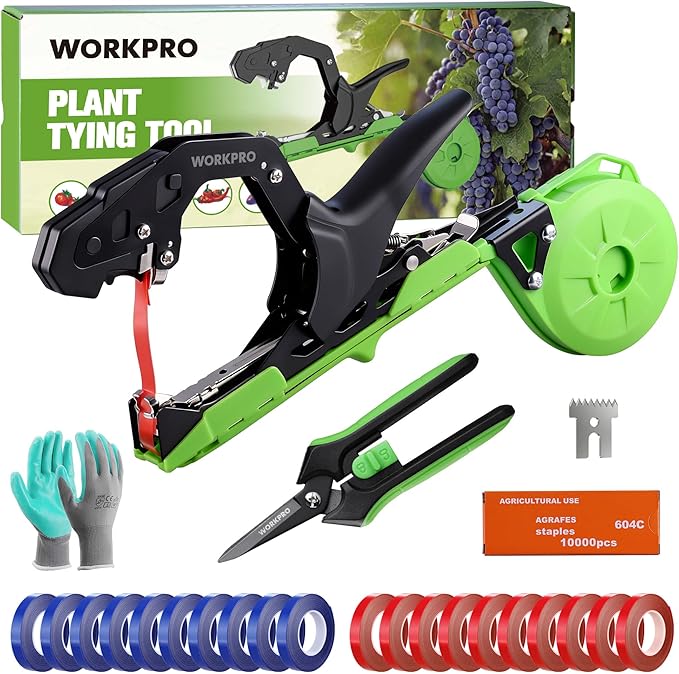 WORKPRO Plant Tying Machine with 6 Scissors Lightweight Tape Gun for Tying Vines and Support Plant Includes Gloves 20 Rolls of Tape 10000 Staples Ideal for Tomatoes Grapes Cucumber Vegetables