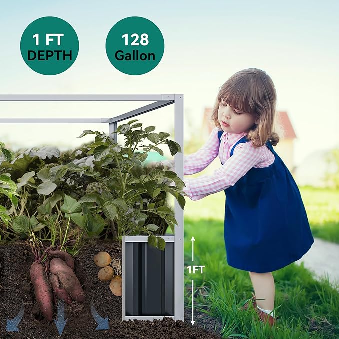 YITAHOME 5.7x3x2.3FT Large Raised Garden Bed with Anti Bird Protection Netting Structure Outdoor Steel Metal Patio Planter Box with Gloves &amp Reinforced Frame for Plants Vegetables Flowers (Dark G