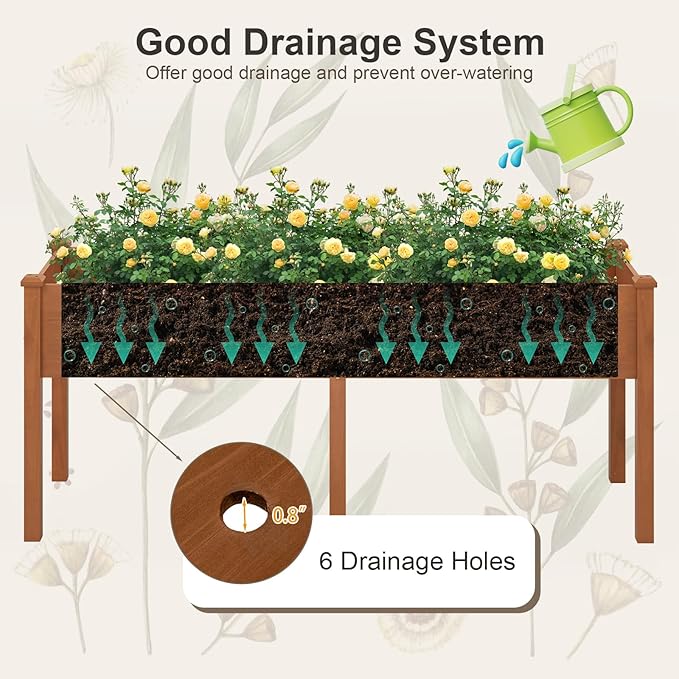 HAPPYGRILL Raised Garden Bed Outdoor Planter Raised Bed w/Drainage Holes Divider Panel 6 Supporting Legs Elevated Wood Planter Box for Backyard Patio Balcony 73” x 23” x 30” (L x W x H) (Brown)