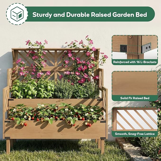 PetsCosset Raised Garden Bed with Trellis 2-Tier Elevated Planter Box with Legs &amp Top Shelf Liner Metal Corners Wooden Garden Beds for for Climbing Plants Flower Vegetables Herbs