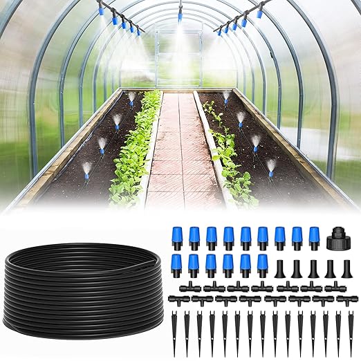 MIXC 65FT Greenhouse Watering System- Quick Efficient Connector Hanging Plant Watering System Automatic Mist Irrigation Kit with 1/4 Blank Tubing and Misting Nozzles