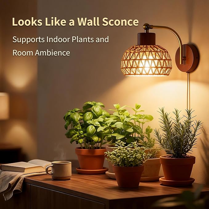 Hanging Grow Lights for Indoor Plants Auto Cycle Timer 18W Full Spectrum Wall Mounted Grow Light Boho Rattan Lantern Shade Adjustable Head 16 FT Power Cord for Indoor Plant Growing Flowers