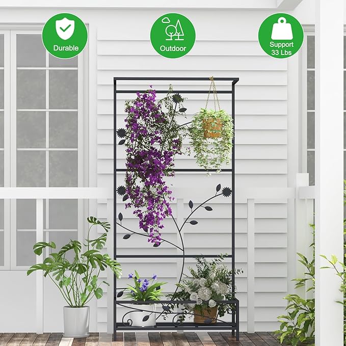 Metal Planter Stand with Trellis - Raised Planter Box Hanging Planters Outdoor Elevated Garden Bed for Vegetables Flower Herb