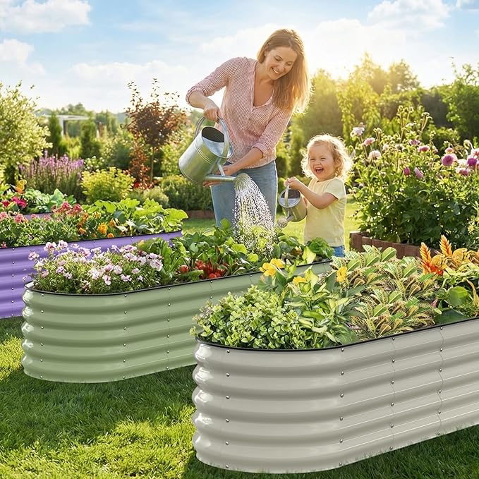 Kesfitt Raised Garden Bed Metal Galvanized Steel Oval Garden Bed 8x2x1.5 ft with 18-Inch Deep Open-Bottom Design for Outdoor Vegetable Gardening Lavender Purple