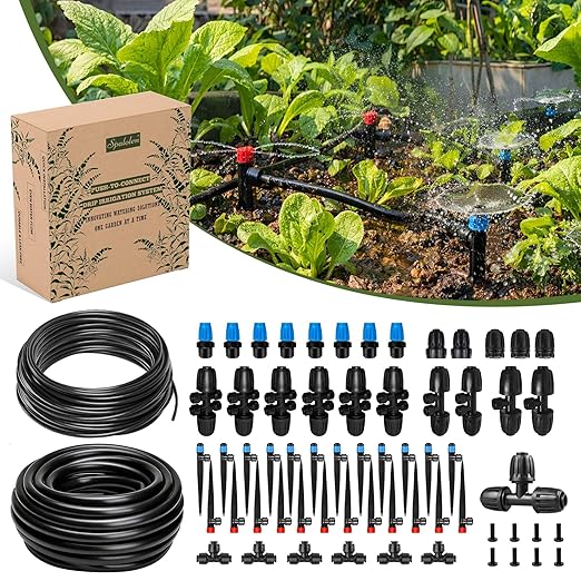 Drip Irrigation System Push-to-Connect Garden Watering System Kit for Raised Beds Expandable DIY Drip Irrigation Kit with 1/2 &amp 1/4 Tubing Adjustable Emitters Leak-Proof Connectors