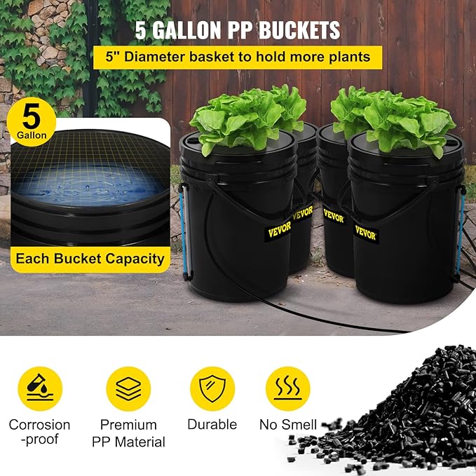 VEVOR DWC Hydroponic System 5 Gallon 4 Buckets Deep Water Culture Growing Bucket Hydroponics Grow Kit with Pump Air Stone and Water Level Device for Indoor/Outdoor Leafy Vegetables