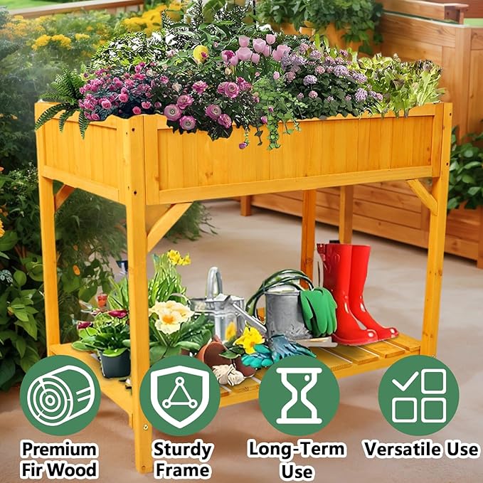 Elevated 8 Pocket Herb Garden BedWooden Standing Planter Box with Legs and Storage Shelf Patio Raised Garden Bed for HerbsVegetablesFlowers (Natural Wood 36 Inch)