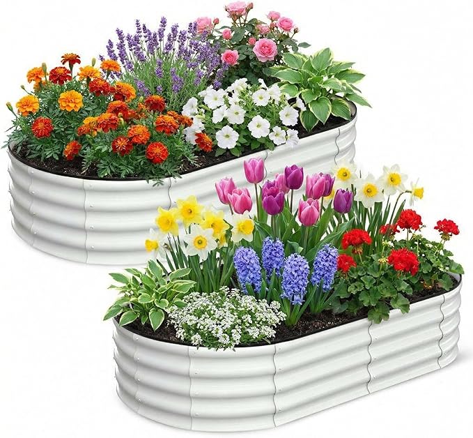 2 Pcs Oval Raised Garden Bed 6 * 3 * 1FT Galvanized Metal Planter Boxes with Open Base for Gardening Raised Bed Planter for Vegetables Flowers Beige
