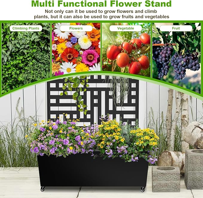 Metal Planter Box with Trellis 72x35x16 Metal Raised Garden Bed with Trellis Planter Box with Drainage Holes &amp Lockable Casters for Climbing Plants Vegetables and Vines