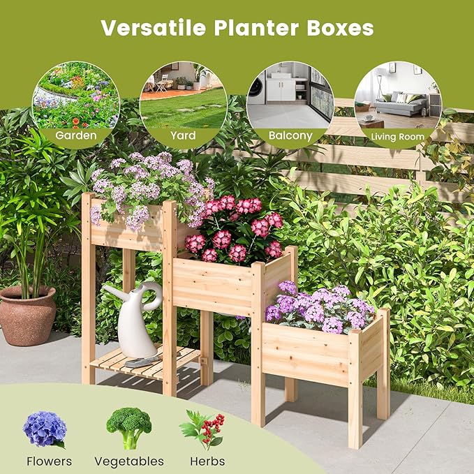 HAPPYGRILL 3-Tire Raised Garden Bed Wooden Raised Planter Box with 3 Planter Boxes Drainage Holes Open Storage Shelf Outdoor Garden Bed with Legs for Plant Fruit Vegetable Flower Herb