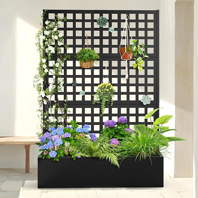 Metal Planter Box with Trellis &amp Wheels Raised Garden Bed with Privacy Screen Outdoor Standing Flower Beds with Drainage Hole for Climbing Plants Vine 47 Lx16 Wx71 H