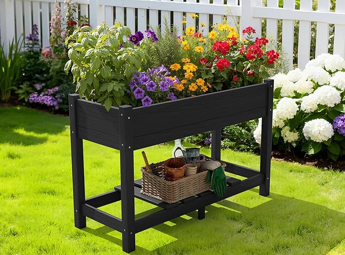 SERWALL Raised Garden Bed with Legs Set of 2 43×17×30 Large HDPE Elevated Planter Box for Vegetables Flower Herb Patio All Weather Use-Black