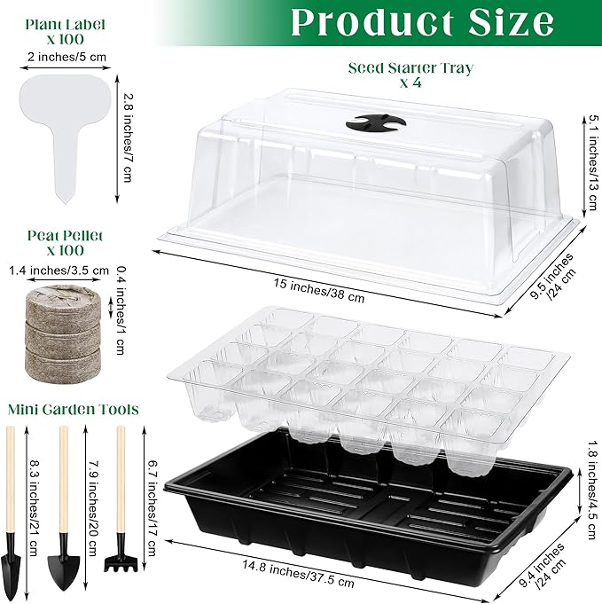 4 Sets Seed Starter Tray Kit Germination Starter Tray with Humidity Dome and Base Include 100 Peat Pellets 100 Plant Labels Garden Tools Plastic Plant Growing Trays for Greenhouse Garden Black