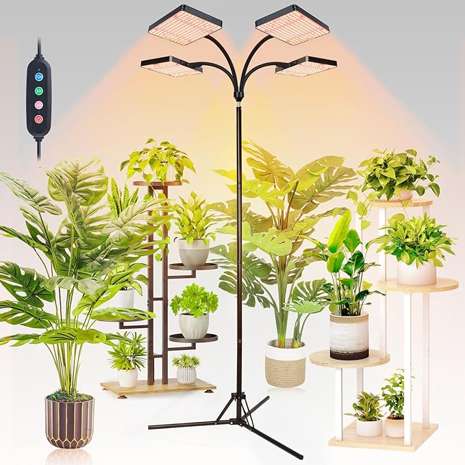FECiDA 2026 4Head Grow Lights with Upgraded Stand Big Coverage Grow Lights for Indoor Large Plants Bonsai Tree 4/8/12/16/20 Hr Timer 100 Watt Power Draw NO Need Adapter 24-76 Height Adjustable