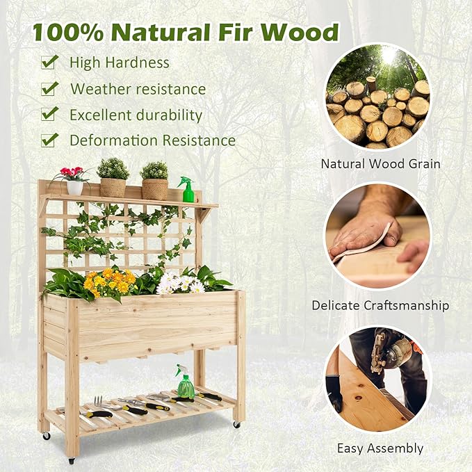 Giantex Rolling Raised Garden Bed with Trellis Wood Planter Box on Wheels Black Liner Storage Shelf Garden Trellis for Vine Climbing Flower Vegetable Herb or Hanging Tools 41.5x16x 54