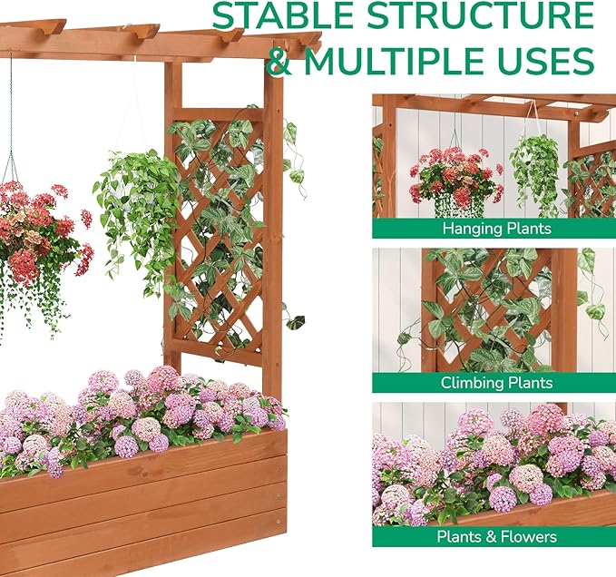 44.5 Inch Outdoor Garden Flower Standing Planter BoxTall Wooden Raised Garden BedVegetables Growing BedsWood Planter Boxeswith Drainage Holes &amp Trellisfor Patio Yard Porch Balcony (Natural)