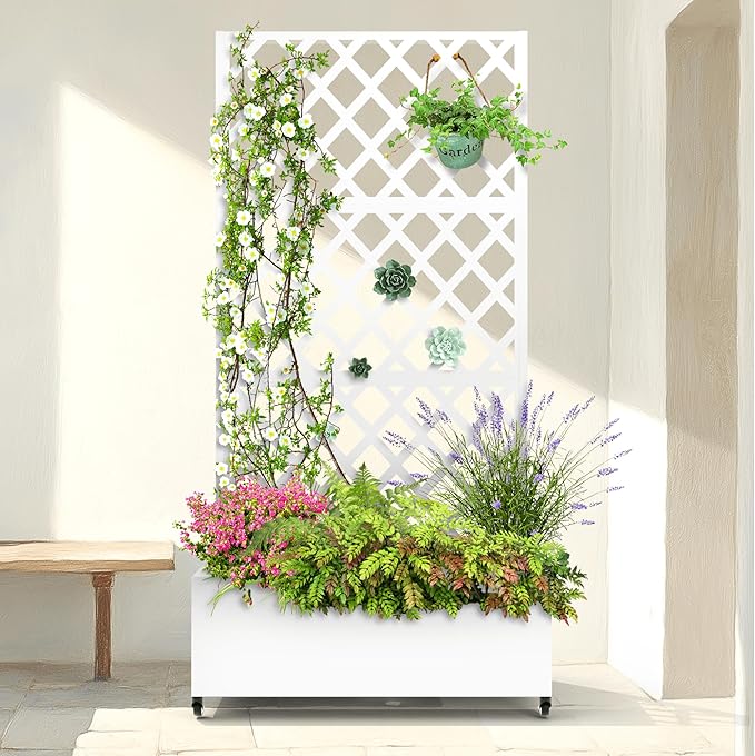Metal Raised Garden Bed with Diamond Lattice Trellis Outdoor Planter Box for Climbing Plants Vegetables Vines Galvanized Garden Box with Drainage Holes and Wheels White (35.4L x 16.7W x 73.2H)