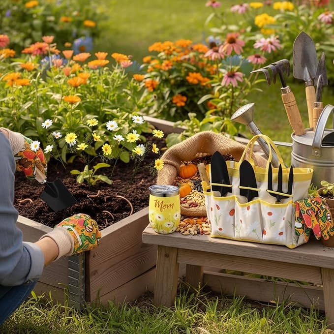 Lasnten 16 Pcs Mothers Day Garden Gift for Mom Women Gardening Supplies Daisy Birthday Garden Tools Set from Daughters Gloves Apron Insulation Cup Fork Trowel Tote Bags for Plant Lover Present