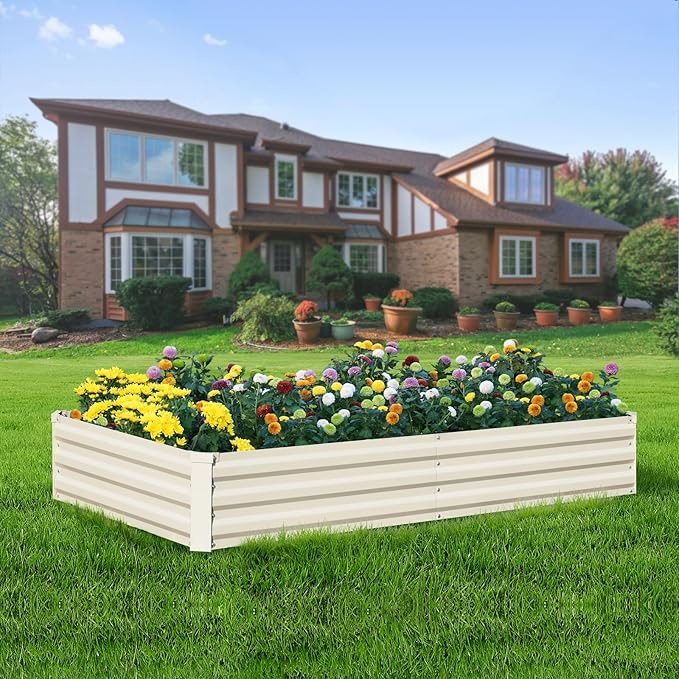 Raised Garden Bed Beige 6x3x1ft Galvanized Raised Garden Bed Outdoor Metal for Gardening Vegetables Flower Garden Planter Box Large Raised Bed with Gloves and 3ftx30ft Weed Barrier Fabric