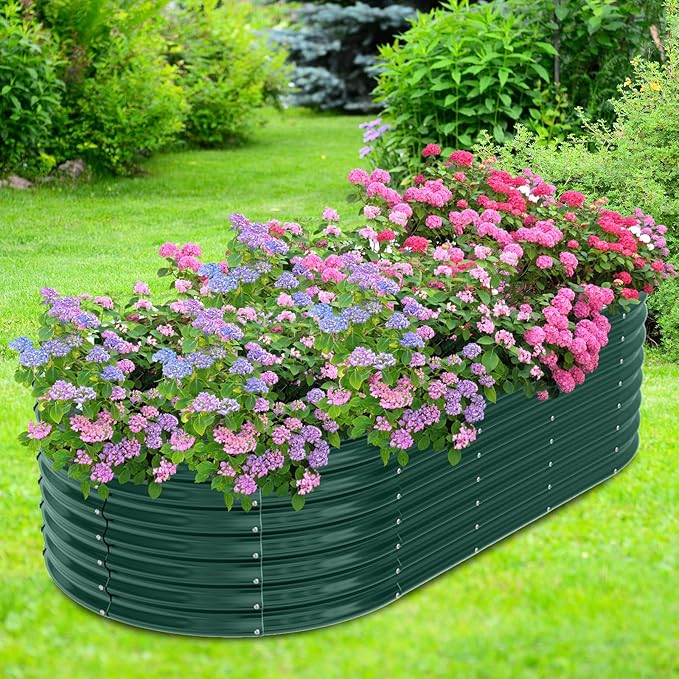 8x4x2ft Metal Raised Garden Bed Oval Outdoor Deep Root Planter Box for Vegetables Herbs Dark Green