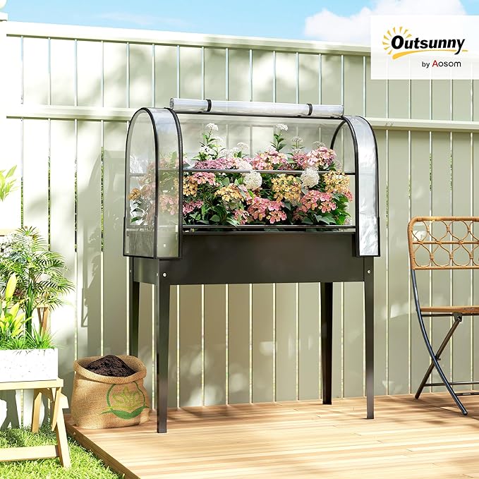 Outsunny Raised Garden Bed with Flip-Up Greenhouse Cover Metal Elevated Garden Bed with Legs and Drainage Hole Outdoor Raised Planter Box for Vegetables Herbs Flowers 39.4 x 19.3 x 53.5 Black