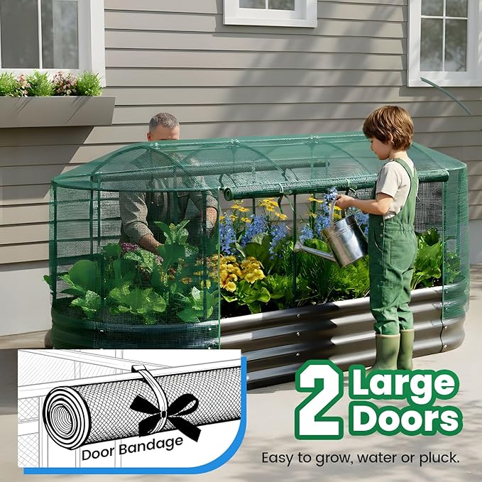 Quictent Galvanized Raised Garden Bed Kit with Self Watering System and Mesh Cover Large Oval Metal Outdoor Planter Garden Boxes for Vegetables Herbs Flowers 8x3x1Ft