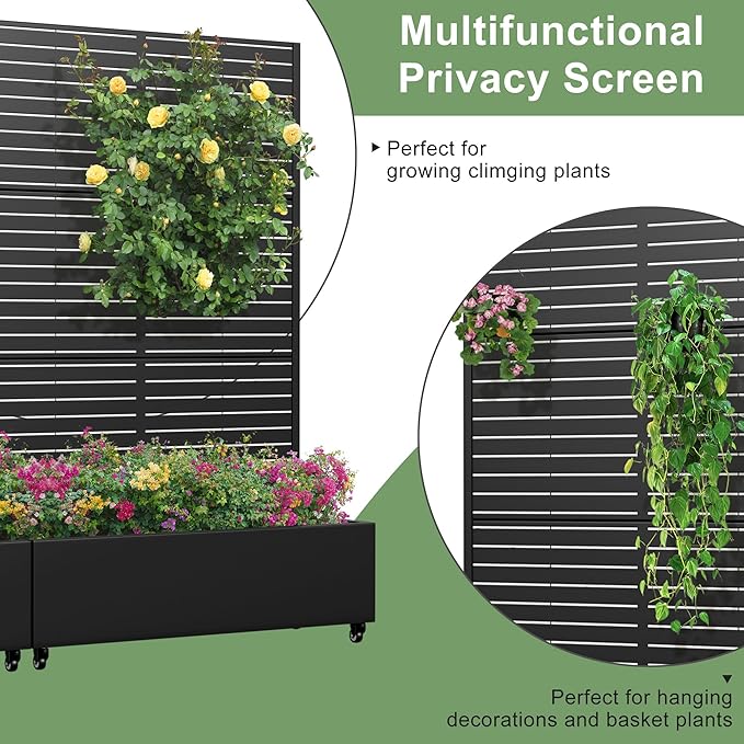 Casaphoria Metal Raised Garden Bed with Trellis and Wheels 72x47x16 Planter Box for Climbing Plants Vegetables &amp Vines Features Drainage Holes and Privacy Screen (Black-Louvered)
