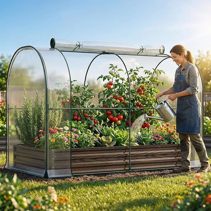 DoCred Galvanized Raised Garden Bed with PVC Cover 84.6 x 45.3 x 47.2 Metal Planter Bottomless Box w/Roll-Up Window Mini Greenhouse Tent for Outdoor Growing Vegetables Flower Fruit