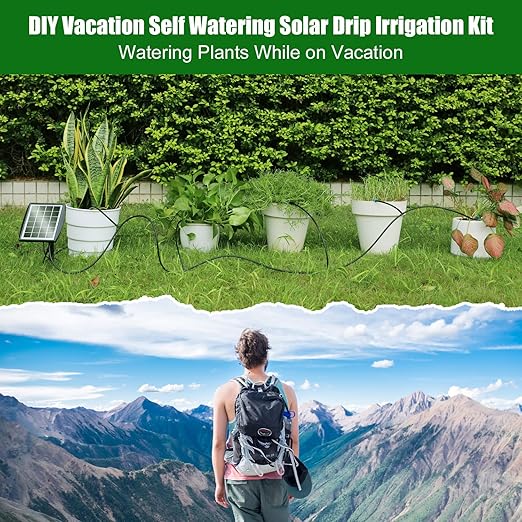 Solar Automatic Drip Irrigation Kit System JIYANG Solar Powered Auto Easy DIY Watering Device Supported Pots Plants 6 Timing Modes with Anti-Siphoning Device (Supported 10 Pots 6Timing Modes)