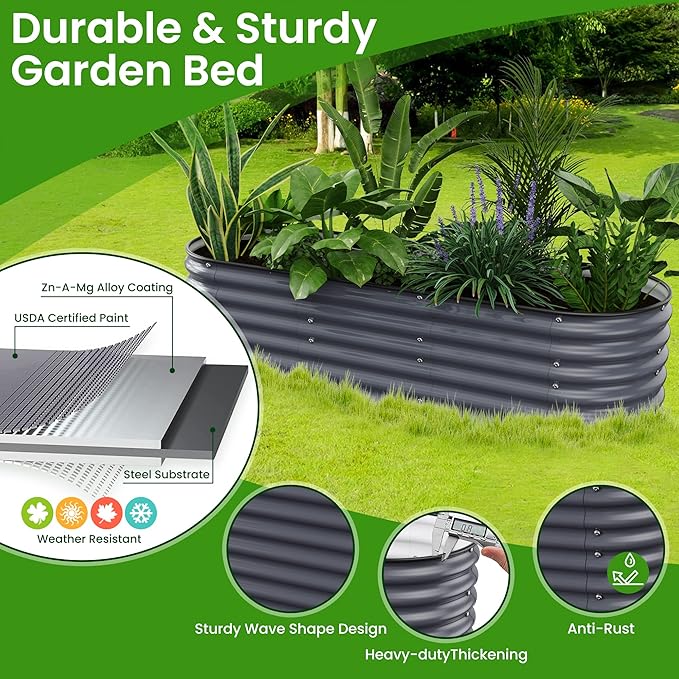 Oval Raised Garden Bed for Outdoors - 6.5X2X1.4 FT Galvanized Planter Raised Beds Metal Planter Box for VegetablesFlowers Herbs and Succulents(Deep Gery)
