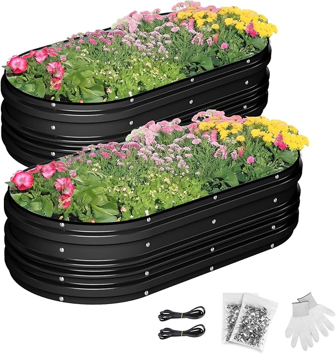 WORKPRO 2PK 4x2x1ft Outdoor Galvanized Raised Garden Bed Kit Rust &amp Corrosion Protection Easy Assembly Safe Edge Ideal for Vegetables &amp Flowers Black