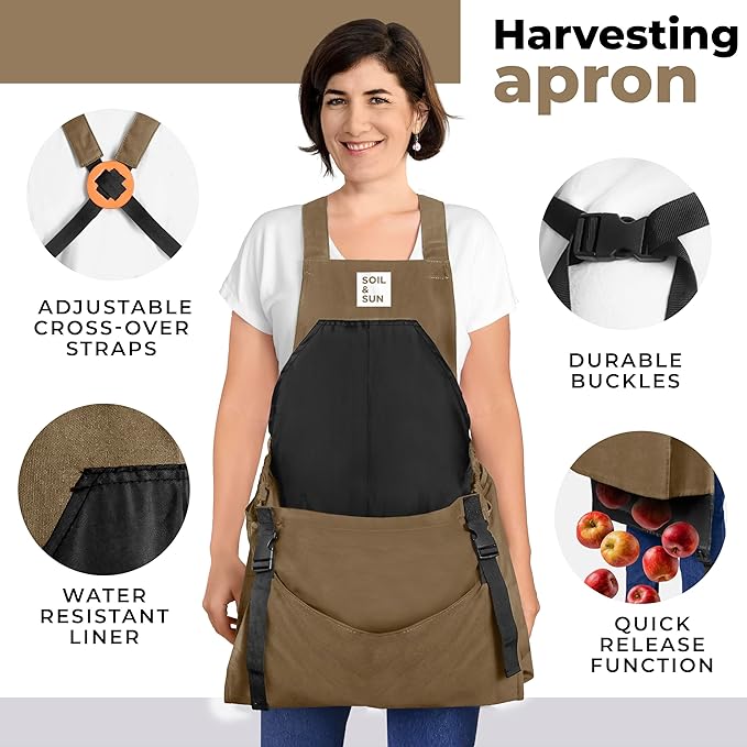 Soil &amp Sun Gardening Apron with Pockets and Harvesting Pouch - Durable Canvas Design for Men and Women - Convenient Tool Storage and Effortless Harvesting (Dark Beige)