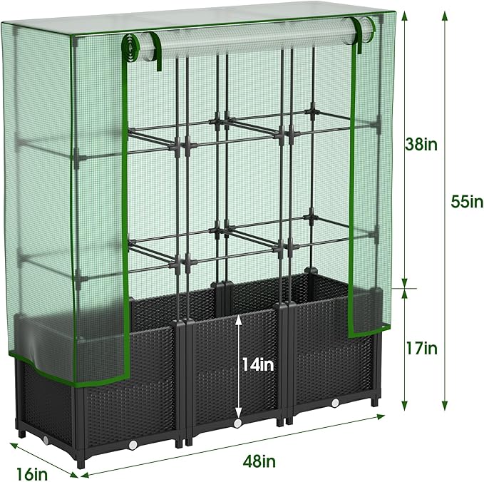 Onelike 48'' x 16'' x 55.5'' Plastic Raised Garden Bed with Greenhouse Cover and Trellis Vertical Tomato Planters for Climbing Plants Self Watering System Tomatoes Cage for PatioBlackLarge