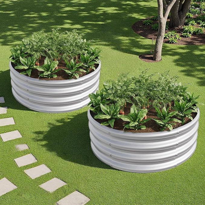 2PCS 32.08 x 11.4 Tall Round Metal Raised Garden Bed - Outdoor Planter Box for Vegetables Flowers Herbs &amp Fruits Backyard Patio Raised Beds Silver