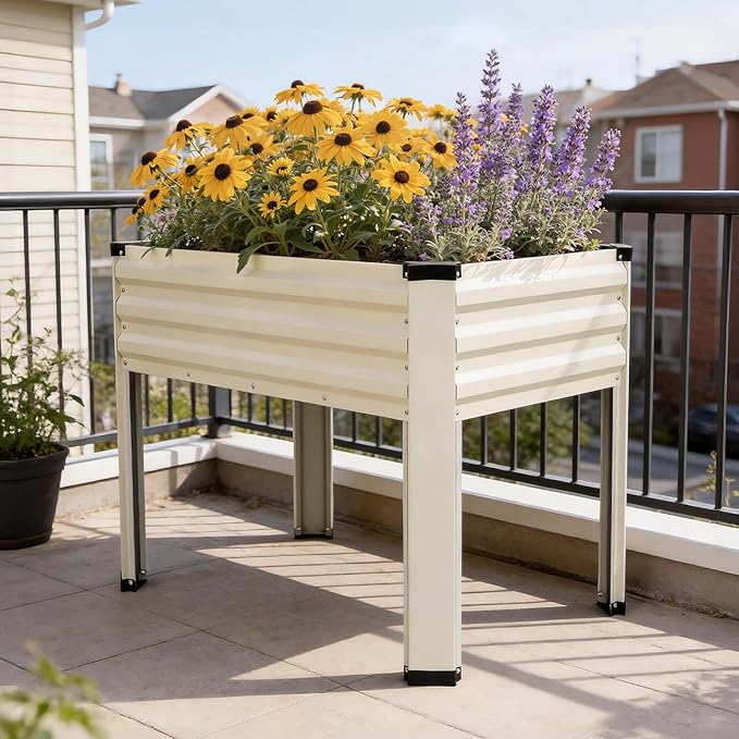 Galvanized Raised Garden Bed with Legs 2 Pack 48x24x32in Elevated Raised Garden Bed Outdoor with Drainage Holes Planter Boxes for Gardening Vegetable Flower Fruit in Backyard Patio Balcony (White)