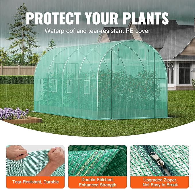 VEVOR Walk-in Tunnel Greenhouse 14.6x6.4x6.3 ft Hoop House Greenhouse Tunnel Plant Hot House with Galvanized Steel Frame Green PE Cover Roll-up Zipper Door and 8 Windows for Outdoor