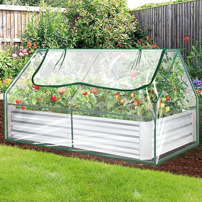 SEJOV 6x3x1ft Galvanized Raised Garden Bed with Cover &amp 2 Large Windows Mini Greenhouses for Outdoors Metal Planter Box Kit for Vegetables Flowers Herbs 1 Pair of Gloves Included Clear