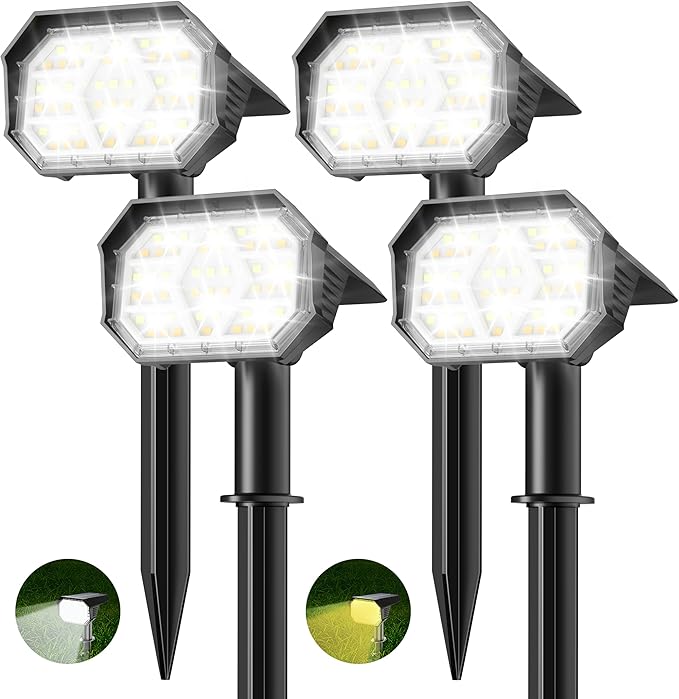 Brightown 4Pack Solar Spot Lights Outdoor [Cool &amp Warm Light 2-in-1] IP67 Solar Lights Outdoor Waterproof with 1800mAh Two Mounting Methods Outdoor Solar Lights for Yard Garden and Pathway