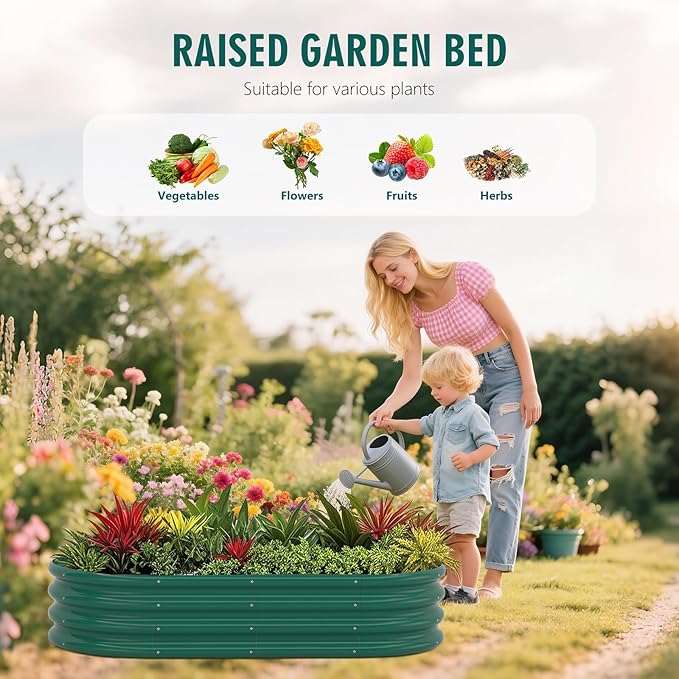 Galvanized Raised Garden Bed Kit Galvanized Planter Raised Garden Boxes Outdoor Oval Metal Raised Garden Beds for Vegetables (Green)