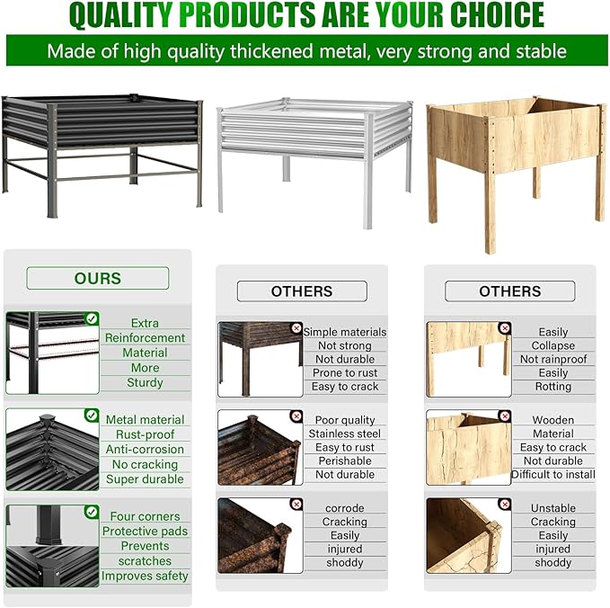 Raised Garden Bed with Legs 48×48×32in Large Metal Elevated Raised Planter Box1000lb Capacity with Drainage Holes for Vegetables Lawn Green Flowers Fruits Terrace