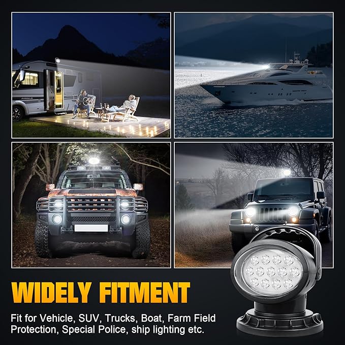 AUXTINGS 360 Degree LED Spotlight Search Light LED Rotating Remote Control Work Light with Magnetic Base for SUV Boat Home Security Protection Emergency Lighting Farm Field Garden