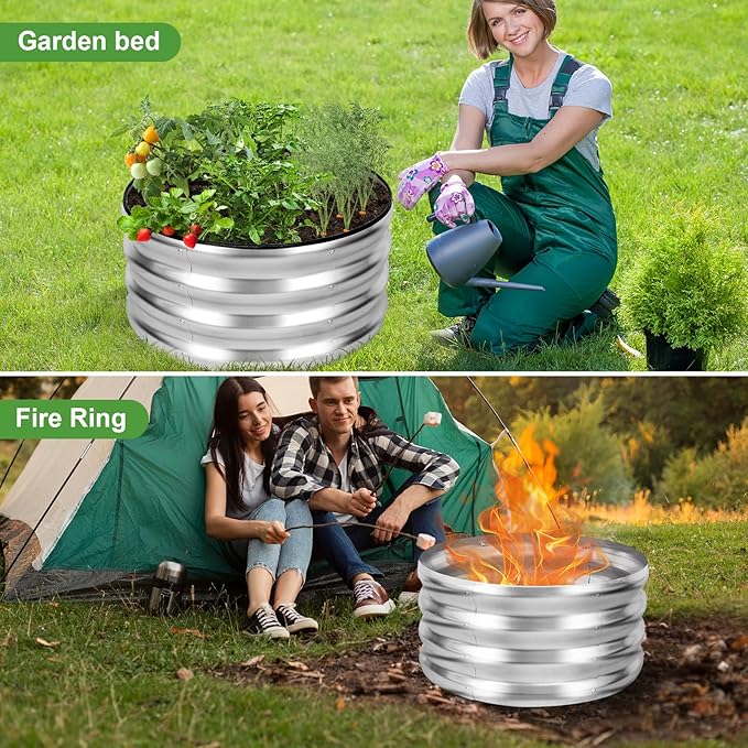 Galvanized Raised Garden Bed- 2Pcs Metal Planter Boxes Outdoor | 12 Tall 24 Round Steel Raised Bed Kit &amp Fire Pit Ring for Gardening with Protective Tape for Vegetables Flower (Sliver)