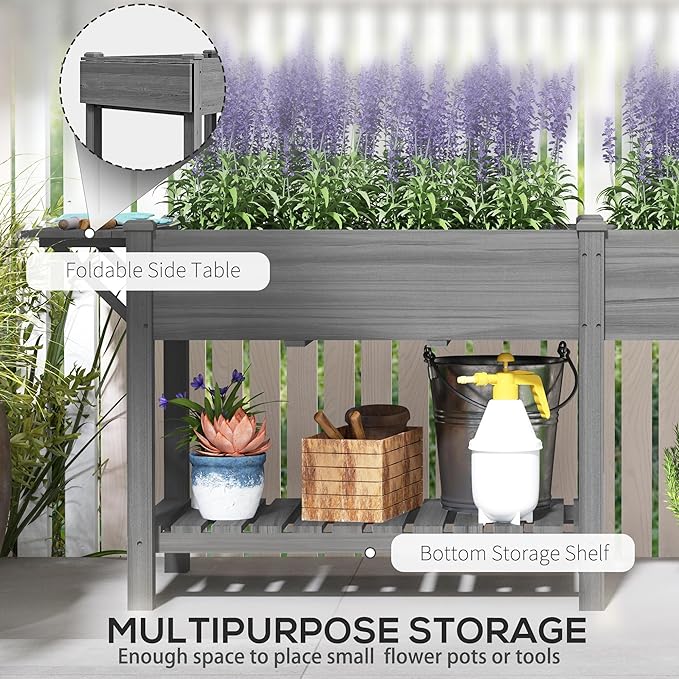 Outsunny Raised Garden Bed Wood Elevated Planter Box with Side Table Bottom Shelf Outdoor Raised Planter with Bed Liners Drainage Holes for Vegetable Flower 81.5 x 23 x 31 in Gray
