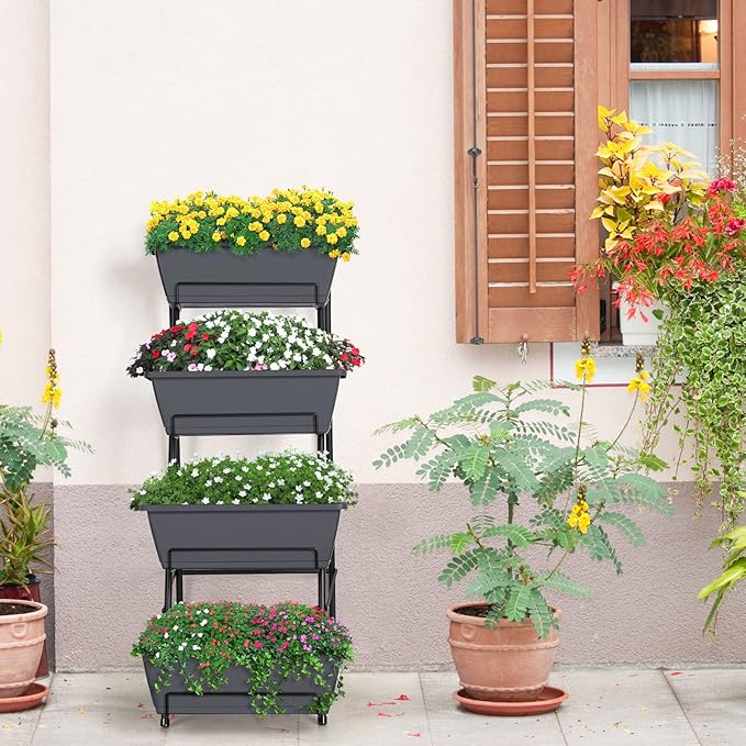 OYEAL Raised Garden Bed 4 Tier Vertical Garden Planter Indoor Outdoor Raised Planter Box with Legs Elevated Herb Garden Planters for Flowers Vegetables Plants Grey