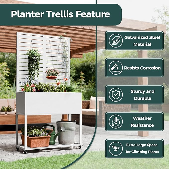 Metal Planter Box Multi-Functional &amp Easy to Assemble 67 H x 35 W Raised Garden Bed for Climbing Plants Elevated Standing Garden Planter with Drainage Holes for Outdoor Patio White
