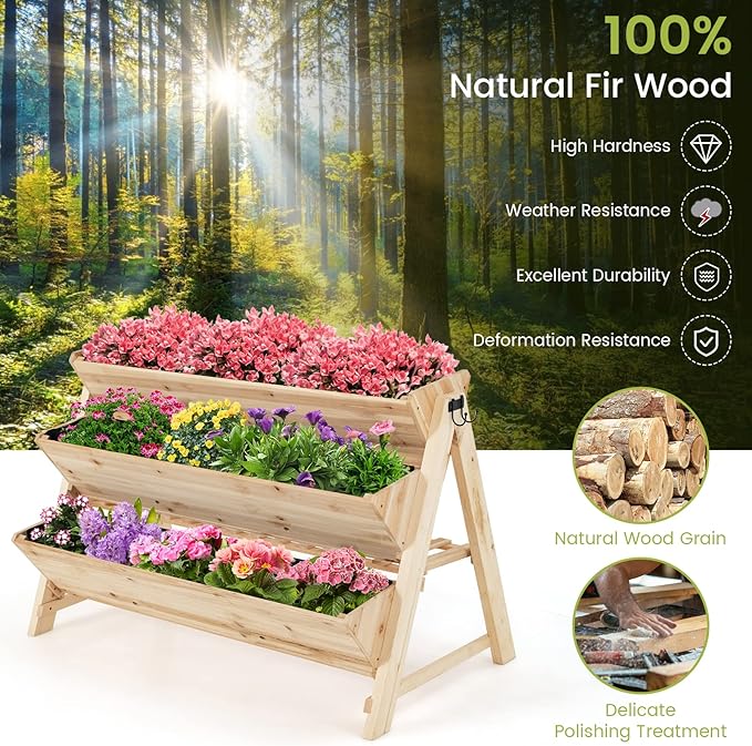 S AFSTAR 3-Tier Vertical Garden Bed Wooden Elevated Planter Bed with Legs Storage Shelf 2 Hooks Raised Bed Kit for Flower Vegetable Herb Outdoor Plant Box Stand for Yard Garden &amp Balcony